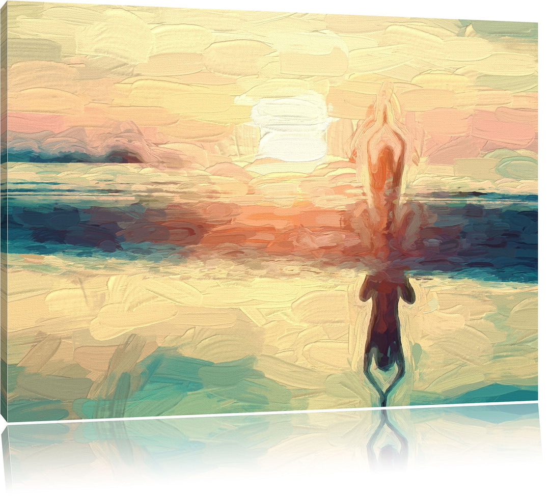 Pixxprint Frau in Einer Yogapose am Strand als Leinwandbild/Grösse: 100x70 cm/Wandbild/Kunstdruck/fe