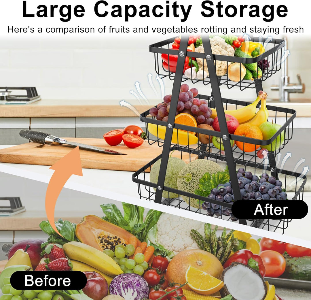 AufuN Obst Etagere, 3 Stöckig Obstkorb Rack Obstschale aus Metall, Abnehmbar Obst Halter Küche Ablag