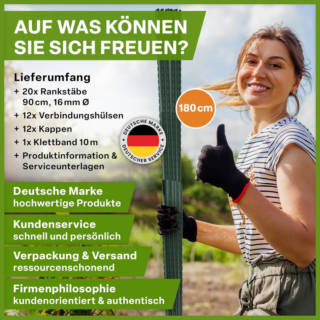 TTL GARDEN Rankstäbe 10er Set 180cm x 16mm Ø grün - extra stabile 16 mm Rankhilfe Pflanzstäbe + Klet