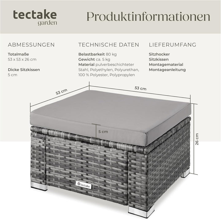 tectake 800768 Poly Rattan Sitzhocker mit Kissen, Lounge Hocker für Garten Balkon Terrasse, witterun