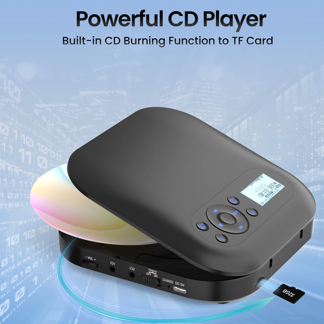Tragbarer CD Player mit Bluetooth, NEU Wiederaufladbar Discman CD Player für Auto mit FM, Zwei Stere
