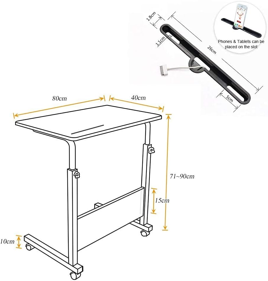 SogesHome Laptoptisch 80 * 40cm höhenverstellbar PC-Tisch mit Rollen, Betttisch, Beistelltisch,Klein