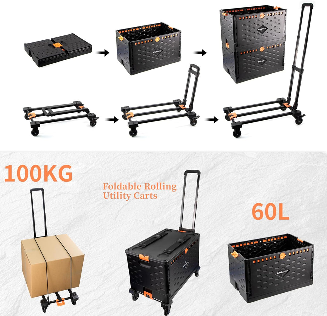 EULANT 2 in1 Faltbare Handwagen mit 60L Faltbox &amp; Deckel, Transportkiste mit Rollen &amp; Bremse, Utilit