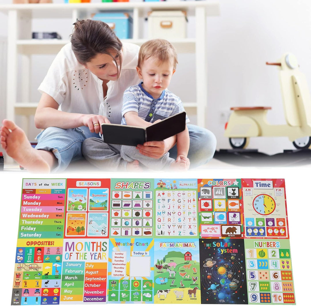 12 STÜCKE Bildungsposter für Kinder,Bildungsposter, Vorschulposter, wasserdichtes englisches Cartoon
