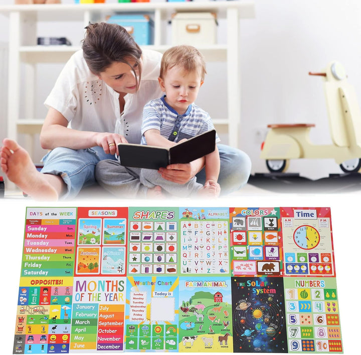 12 STÜCKE Bildungsposter für Kinder,Bildungsposter, Vorschulposter, wasserdichtes englisches Cartoon