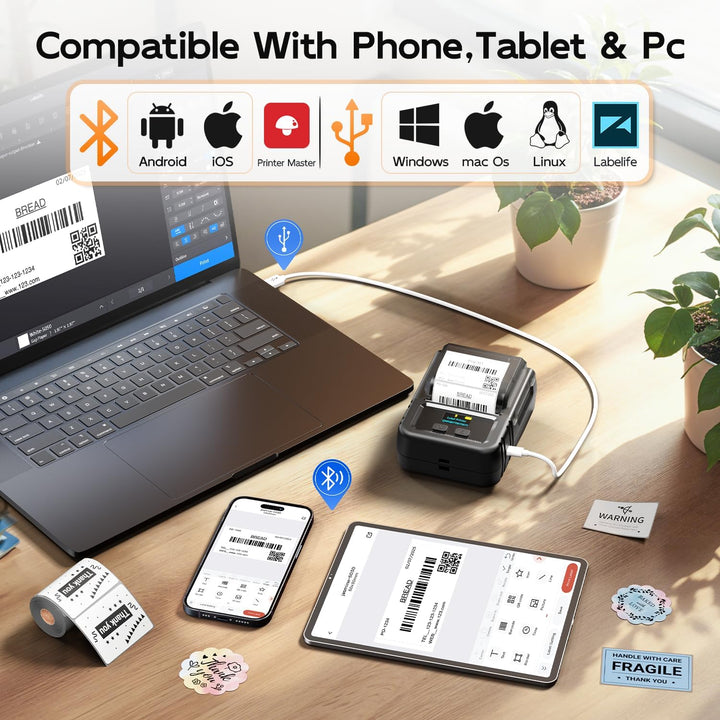 Phomemo M120 Etikettendrucker Bluetooth, Mini Labeldrucker Sticker Drucker Etikettiergerät für Barco
