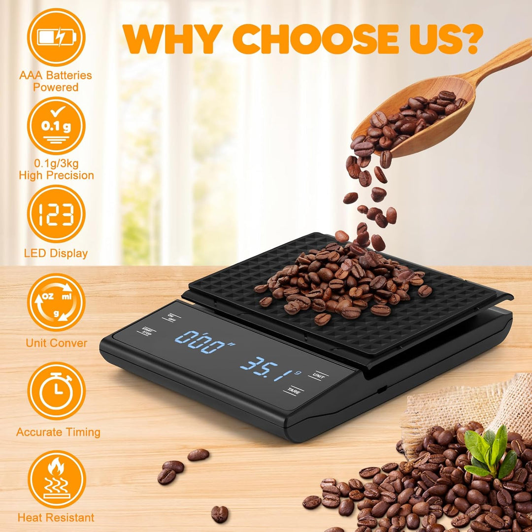 Kaffeewaage Digitale mit 3 AAA Batterie, Bis 3kg/0,1g, Batteriebetrieben Espresso Waage mit Timer, M