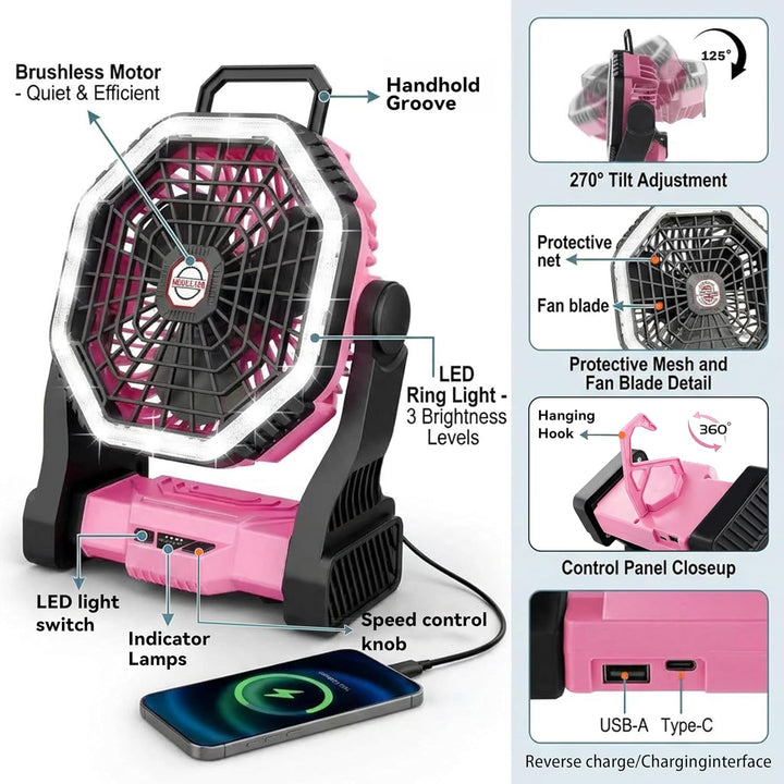 Wiederaufladbarer Camping-Ventilator mit LED-Beleuchtung, 4 Geschwindigkeitsstufen, 3 Lichtmodi, für