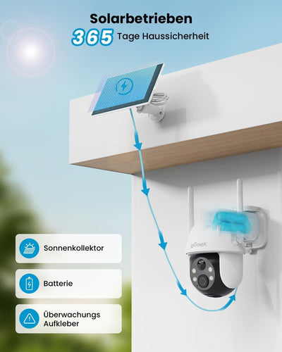 ieGeek 2K 3MP HD Überwachungskamera Aussen Solar, 360° PTZ Überwachungskamera Aussen Akku, 2.4GHz WL