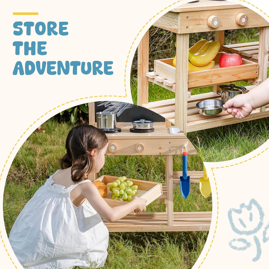 ROBUD Holz-Schmutzküche für Kinder, Spielküche für draussen mit echtem Wasserhahn, Abnehmbarer Spüle