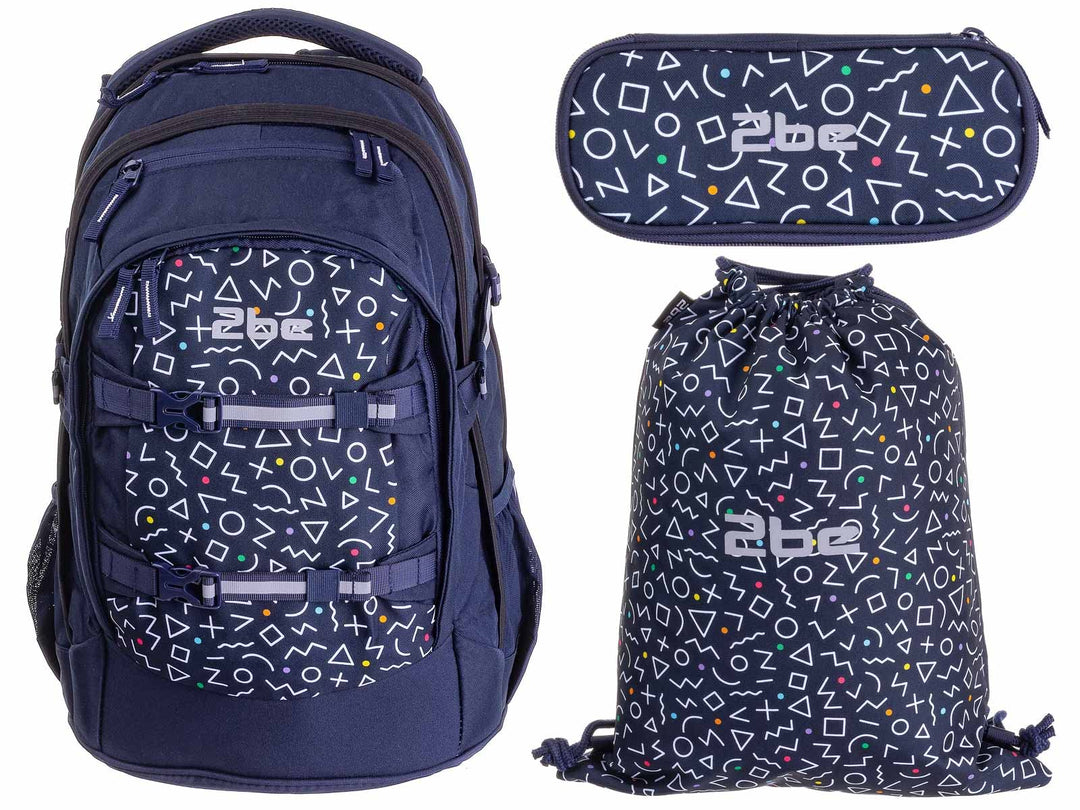 2be 4 tlg. Schulrucksack-Set mit Ergo School Backpack, Turnbeutel, Schlamperbox, Regencape Navy