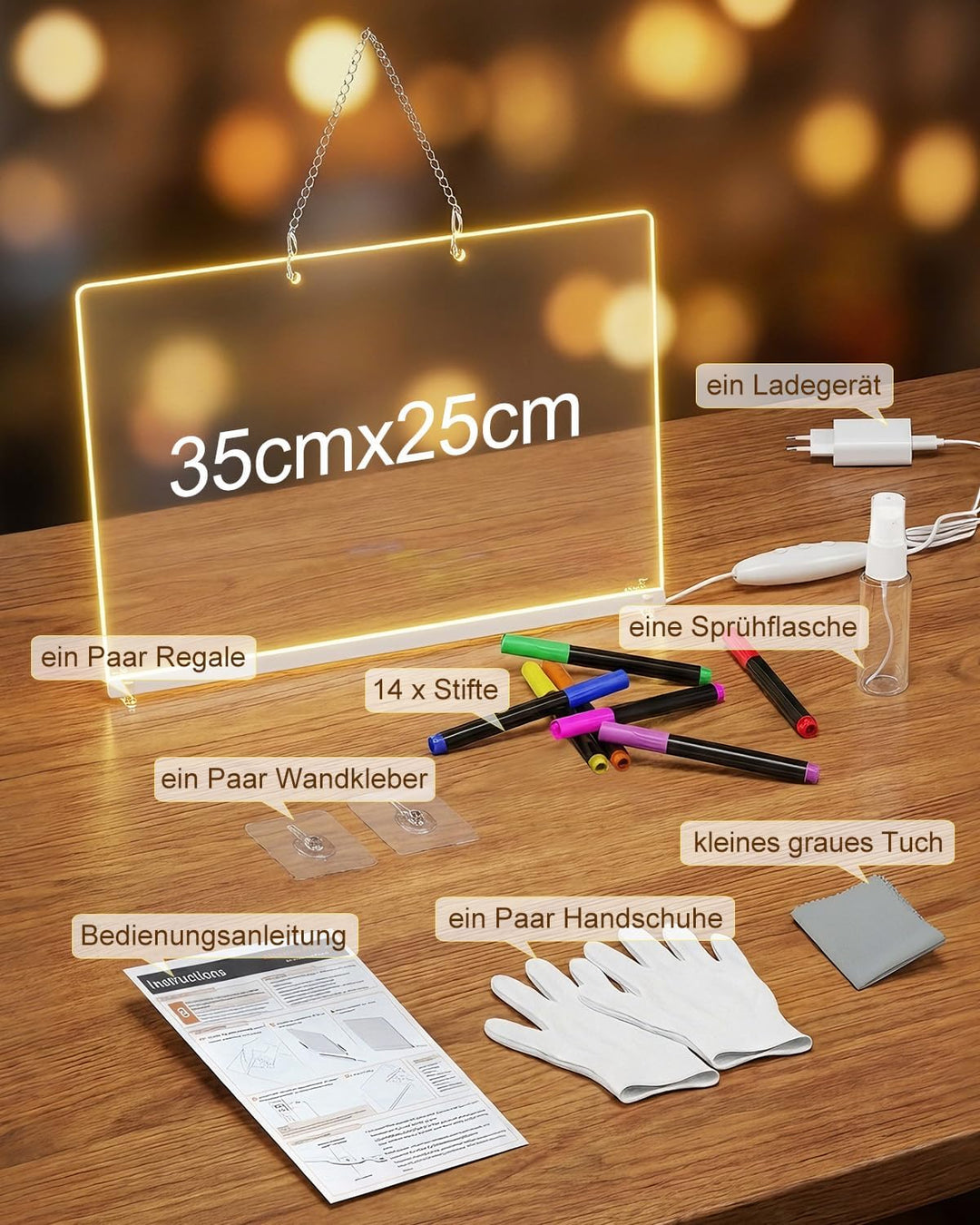 MQFORU LED Zeichenbrett 35x25CM, LED Notiztafel Abwischbar Maltafel Kinder mit 8 Colour Lighting 6 M
