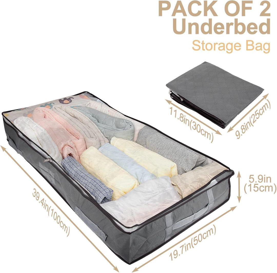 2 Stück 90L Faltbare Unterbett Aufbewahrungsbox mit Deckel, Gross | Vliesstoff, mit Griff, Zwei-Wege