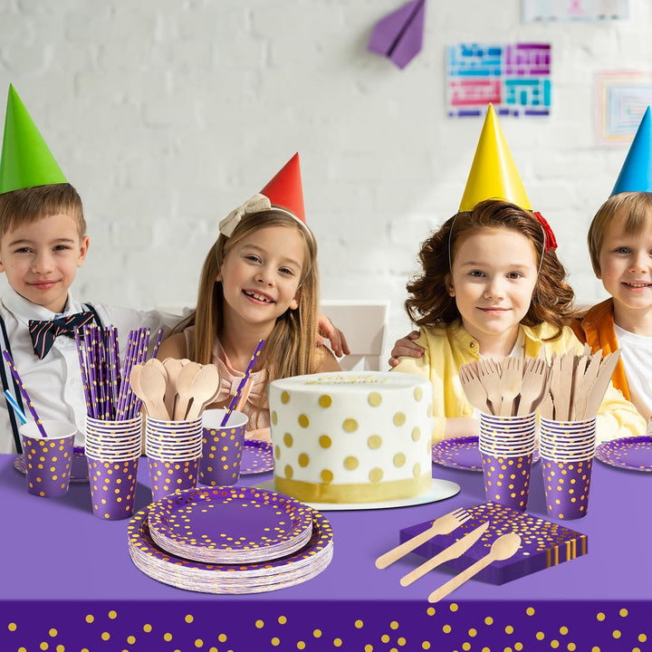 Nkaiso 141 Stück Lilagold Partygeschirr, Pappteller Kindergeburtstag Set, Geburtstag Party Geschirr