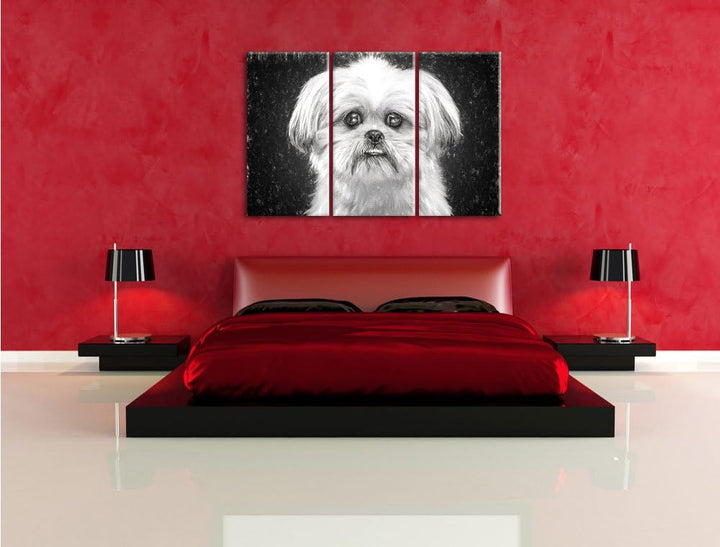 Pixxprint lustiger Kleiner Hund Kunst / 3-Teilig/Gesamtmass 120cm Leinwandbild bespannt auf Holzrahm