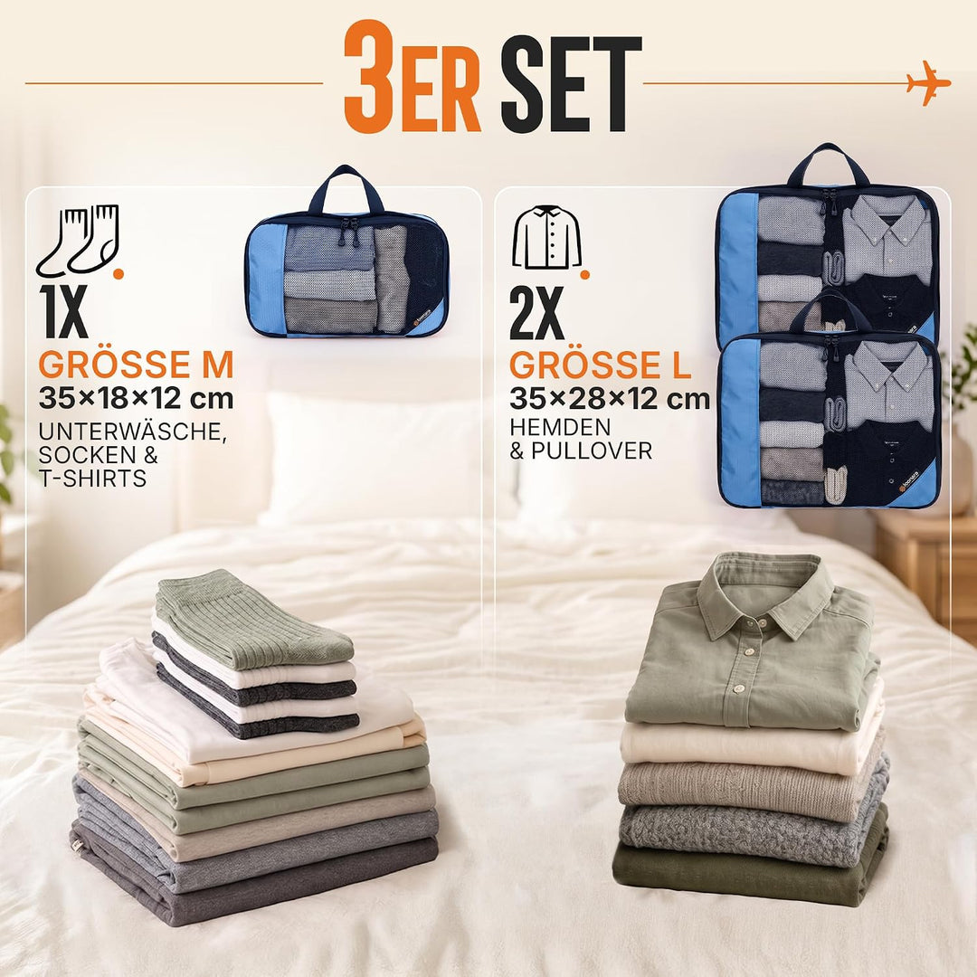 Kleidertaschen Set mit Kompression für Rucksack [3-teilig] - mehr Platz im Koffer oder Backpack durc