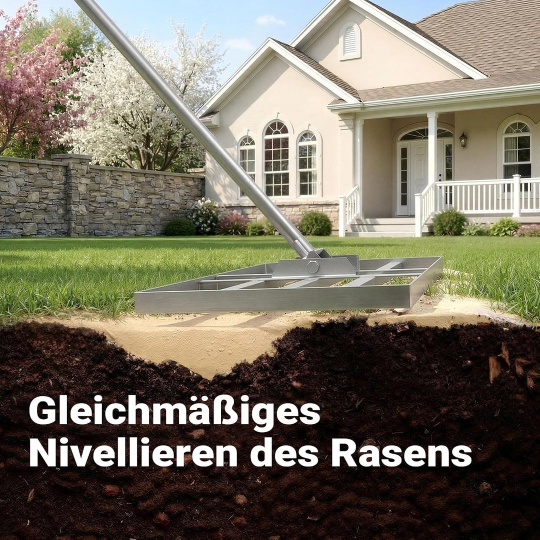 Wiltec Edelstahl Rasenrakel mit Stiel Grösse L, Flächenebner 35 x 75 x 2,8 cm Unebenheiten im Rasen