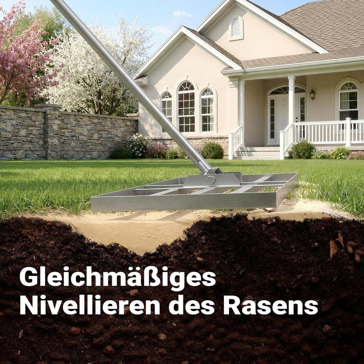 Wiltec Edelstahl Rasenrakel mit Stiel Grösse L, Flächenebner 35 x 75 x 2,8 cm Unebenheiten im Rasen