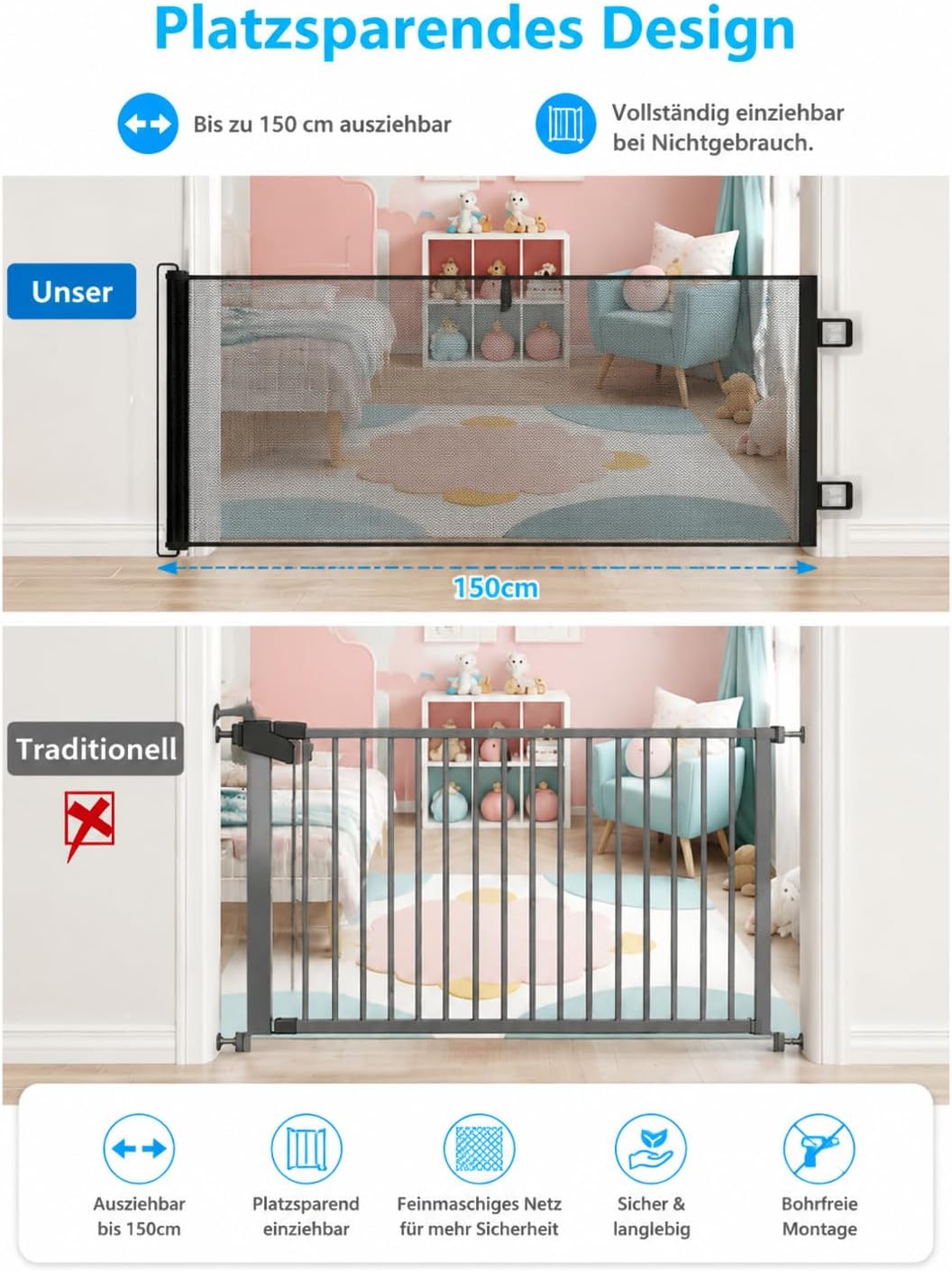 Treppenschutzgitter Türschutzgitter Ausziehbar für Babys Schwarz 0-150 cm Treppenschutzgitter Türsch