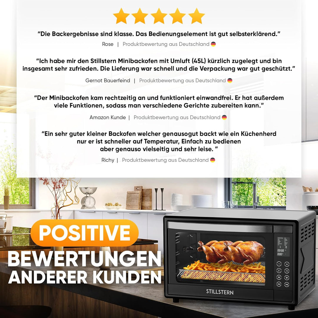 Stillstern Minibackofen mit Umluft (45L) Deutsche Version, 13 Programme, Zubehör 2x Backblech, Drehs