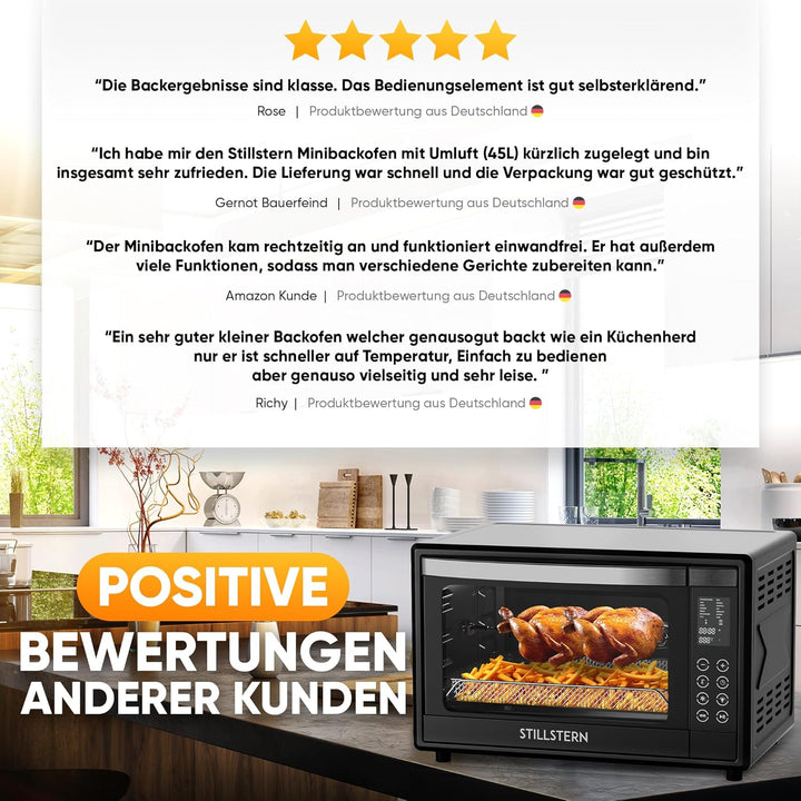 Stillstern Minibackofen mit Umluft (45L) Deutsche Version, 13 Programme, Zubehör 2x Backblech, Drehs