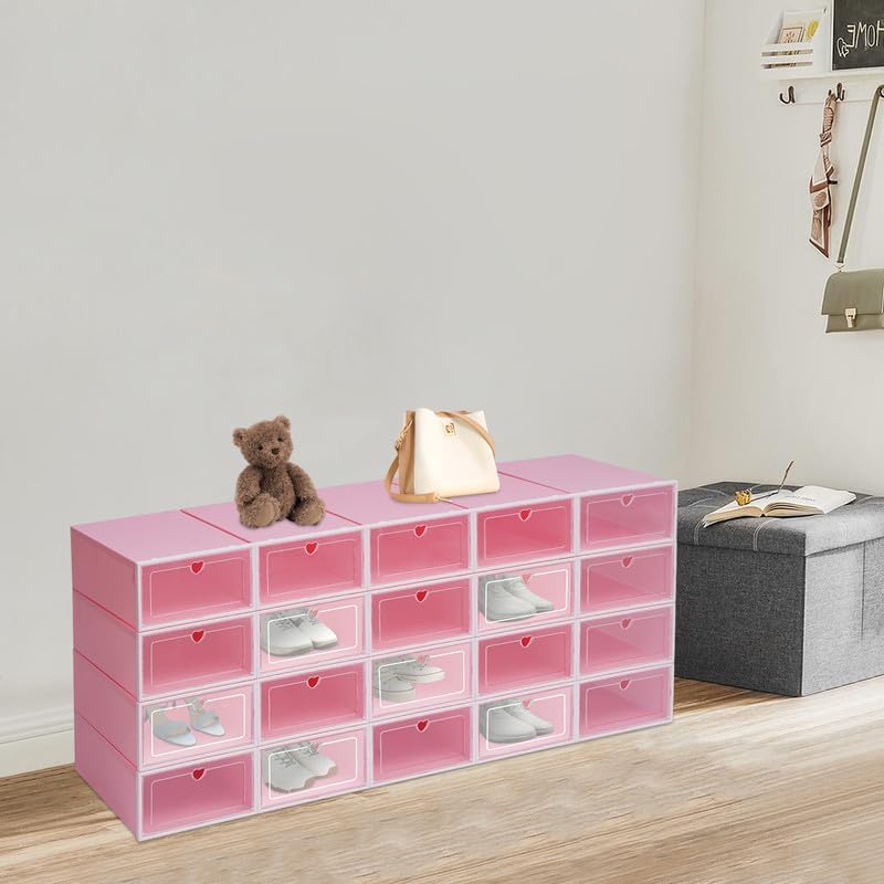 Schuhboxen 20 Stück Transparent Rosa Stapelbare Schuhkartons mit Klapptür und Belüftung, Schuh Organ