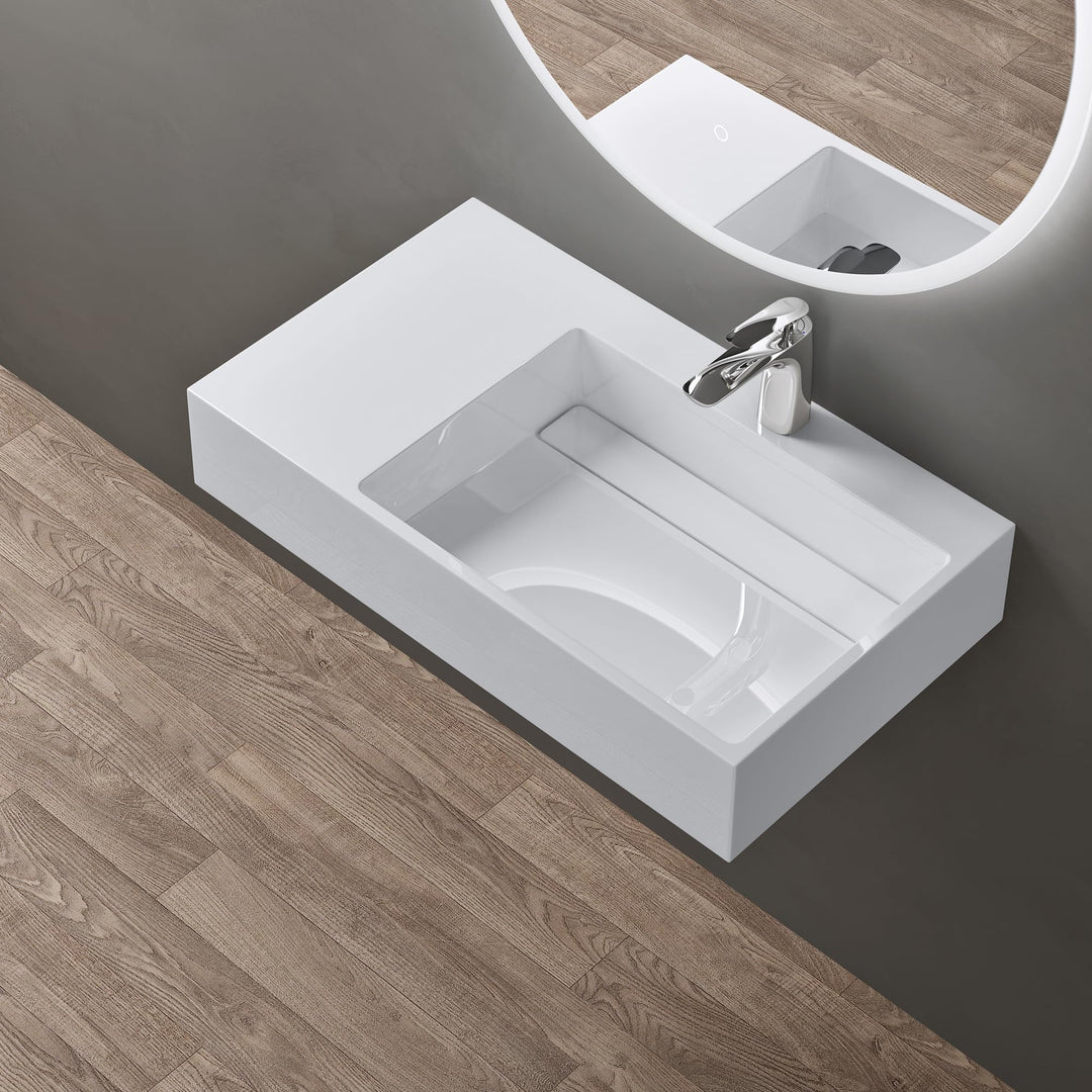 doporro Waschbecken Waschtisch 75x43x14 cm mit verstecktem Ablauf in weiss aus Mineralguss als Aufsa