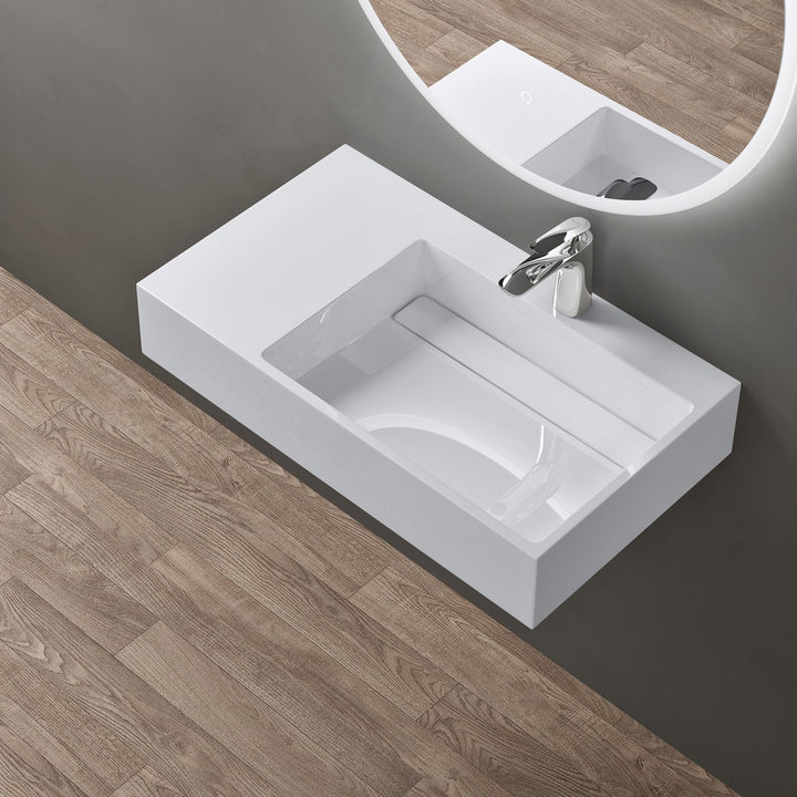 doporro Waschbecken Waschtisch 75x43x14 cm mit verstecktem Ablauf in weiss aus Mineralguss als Aufsa