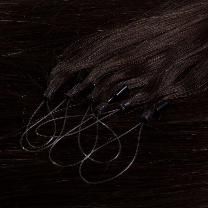 hair2heart Premium Microring Extensions Echthaar glatt - 200 Strähnen 1g 60cm 4/0 mittelbraun #2 Dun
