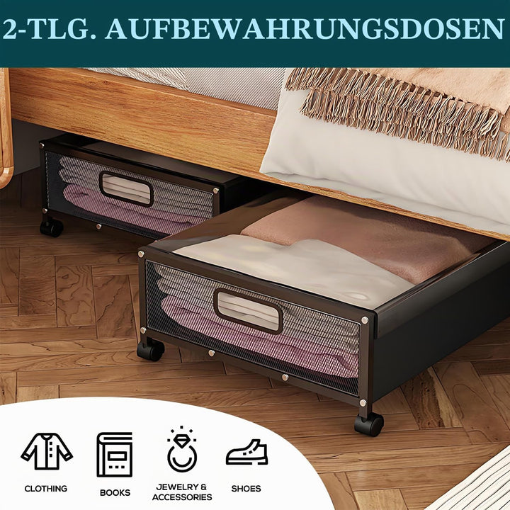 2 Stück Unterbett Aufbewahrungsbox mit Rollen und geteiltem Deckel, unterbettkommode, Bettkasten Auf