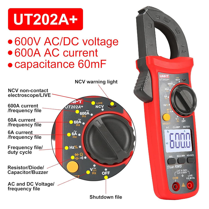 UNI-T UT202A+ Digital clamp meter 6000 Counts Auto Range True RMS Backlight NCV Multimeter, UT202A+