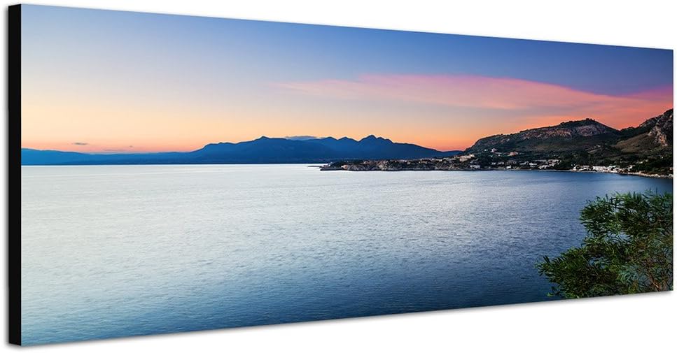 Paul Sinus Art Panoramabild auf Leinwand und Keilrahmen 150x50cm Italien Sizilien Meer Küste Dämmeru