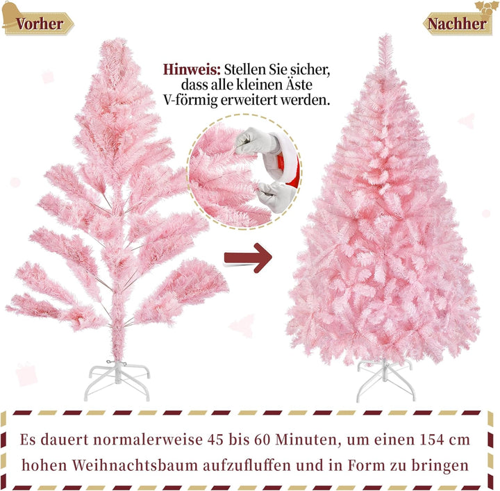 Yaheetech 154cm Künstlicher Weihnachtsbaum Rosa, Tannenbaum mit 398 Spitzen & Faltbarem Metallstände