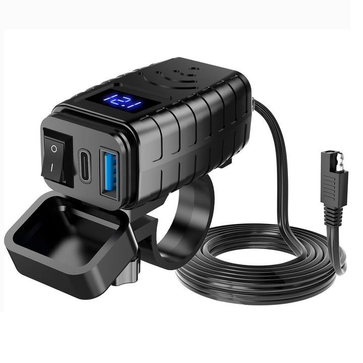 Motorrad Handy Ladegerät 12-24V mit Hochstrom PD QC3.0 Port Digital Voltmeter Anzeige und Schalter S