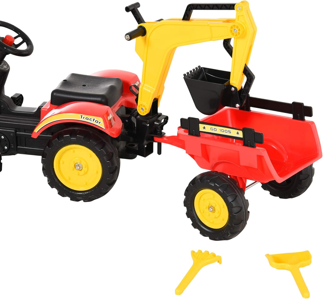 HOMCOM Trettraktor mit Anhänger, Frontlader, Verstellbarer Schaufel, Traktor Tretfahrzeug für Kinder