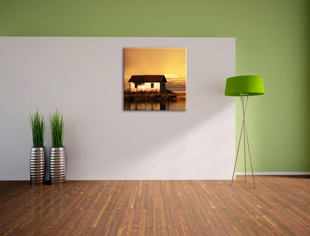 Pixxprint Haus am See bei Sonnenuntergang als Leinwandbild | Grösse: 70x70 cm | Wandbild| Kunstdruck