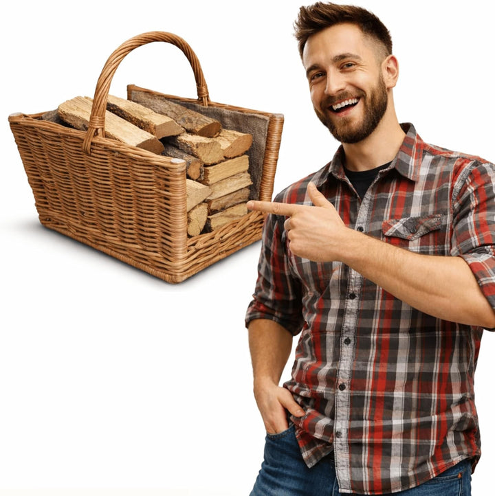 2er Set Kaminholzkörbe Aus Weide 50 x 35 cm + 47 x 30 cm Holzkorb Für Kaminholz Mit Jutefutter Stabi
