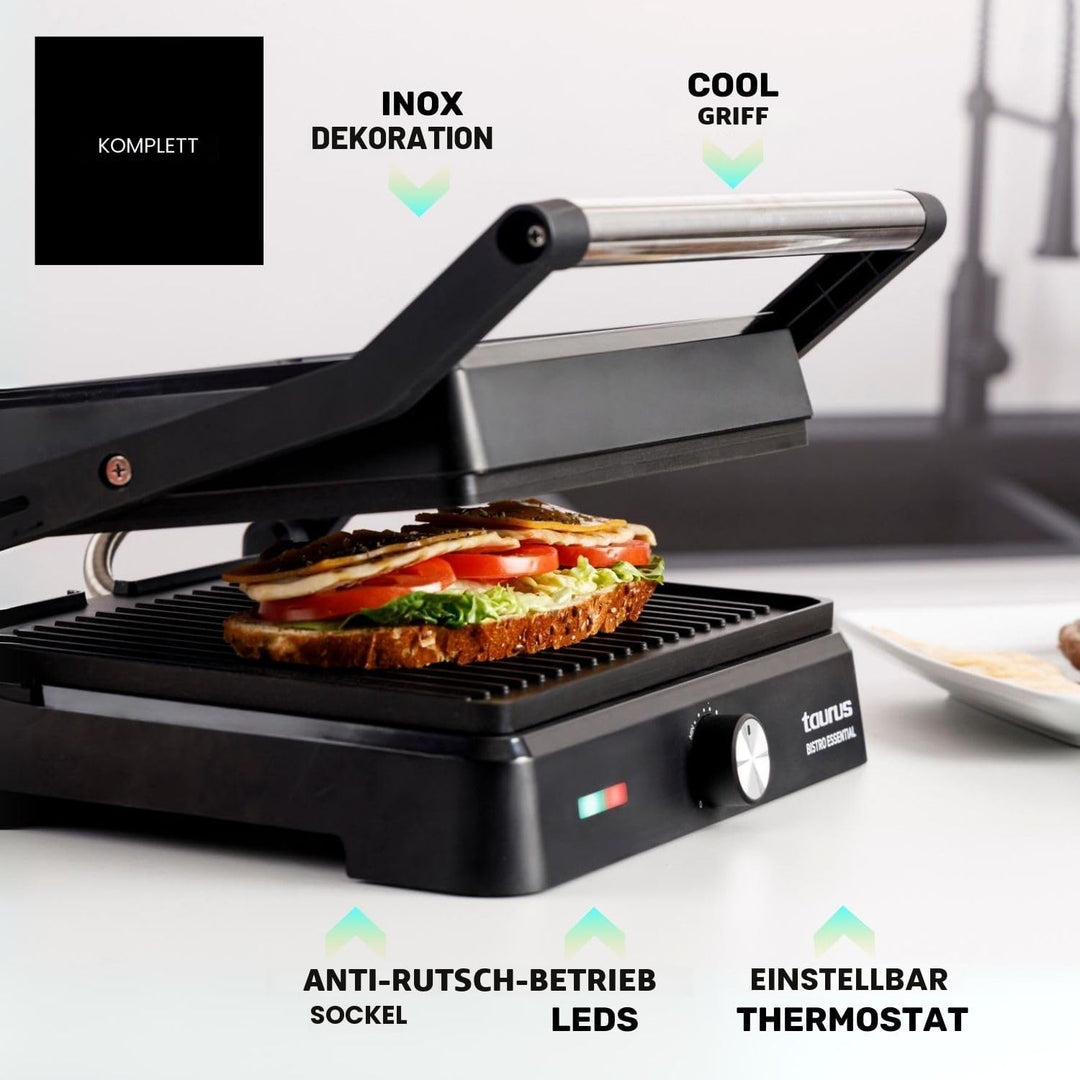 Taurus - Kontaktgrill Essential 2600W | 2-in-1 Grill & Plancha | Platten 29x23 cm | PFOA-frei | Fett