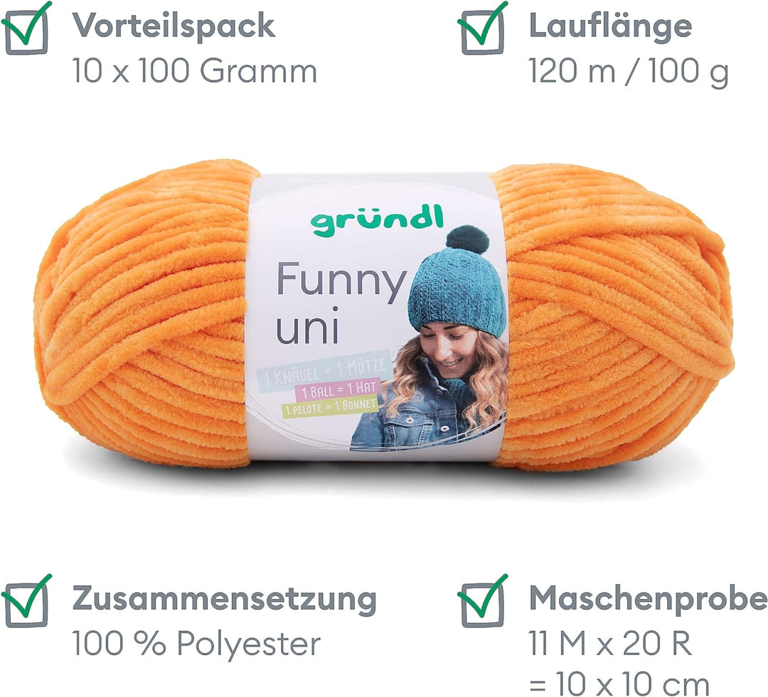 Gründl Funny uni Strick- & Häkelgarn (samtartiges Chenille-Garn aus 100% Polyester, 10 x 100 g / 120