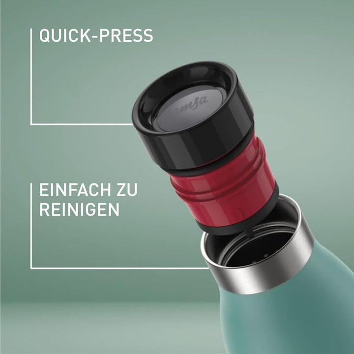 Emsa Bludrop Isolier-Trinkflasche, 1 Liter, 100% dicht, Quick-Press Verschluss, Ergonomischer 360° T