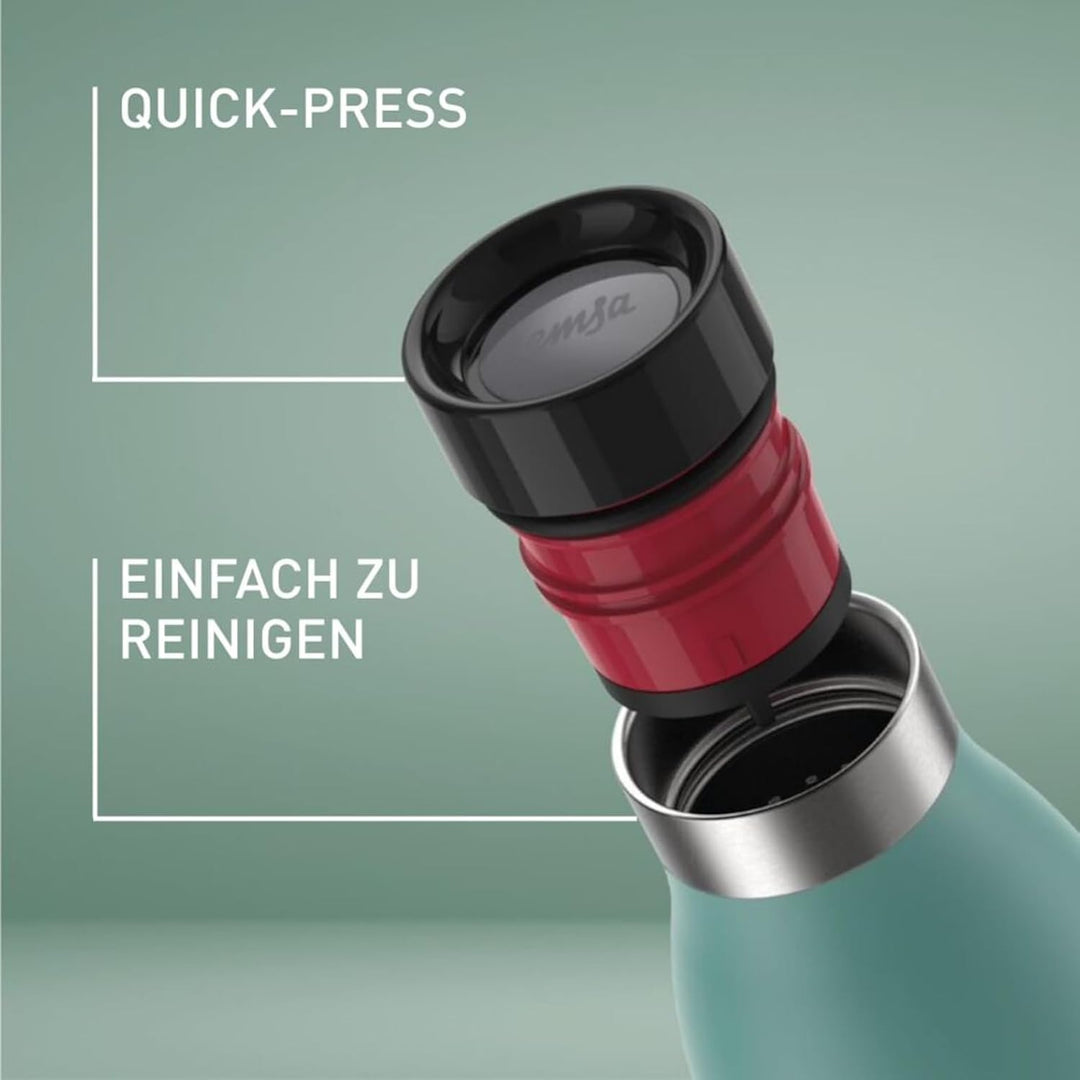 Emsa Bludrop Isolier-Trinkflasche, 0,5 Liter, 100% dicht, Quick-Press Verschluss, Ergonomischer 360°