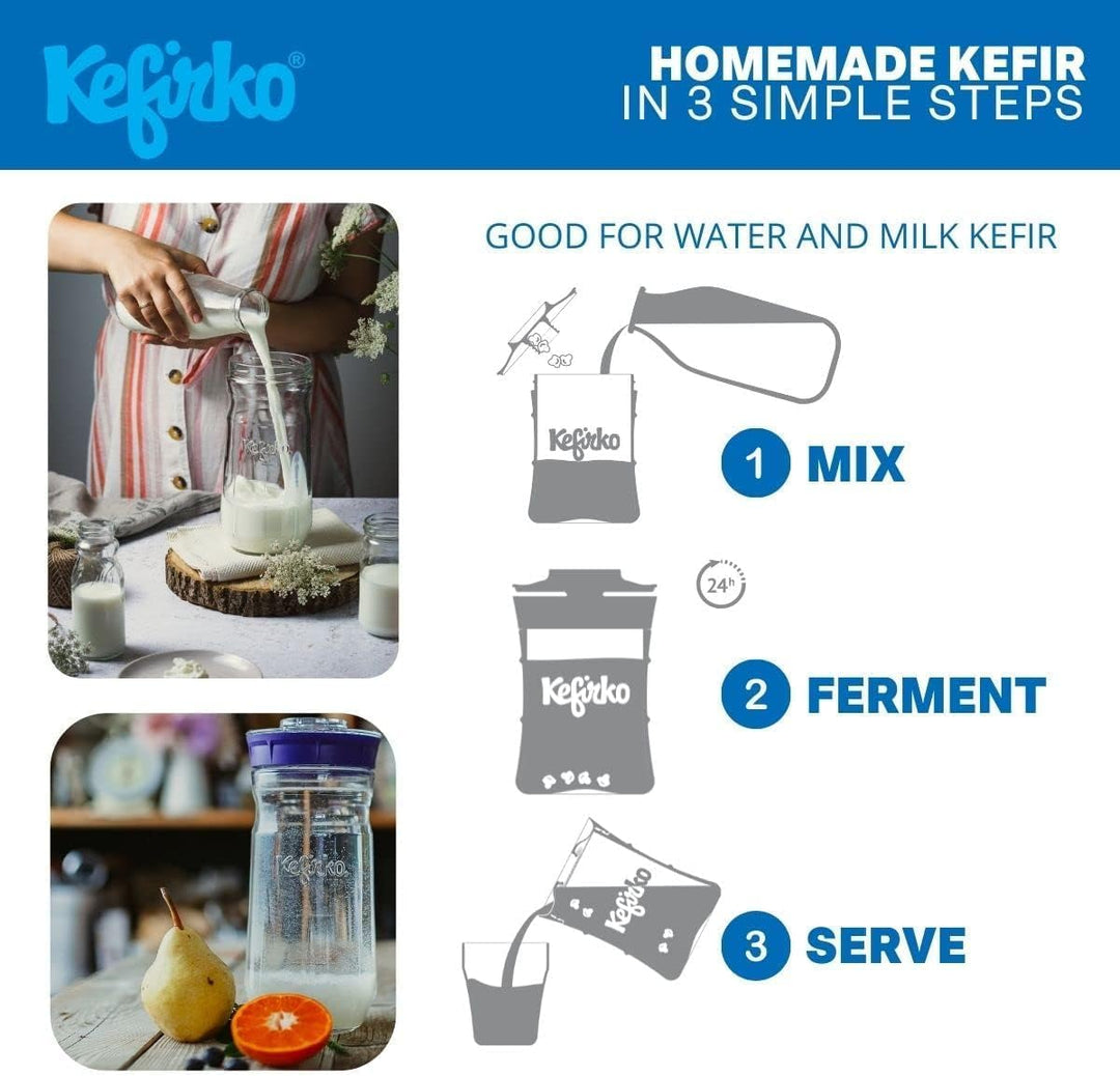 Kefirko Fermentations Set | Milch- und Wasserkefir | auch als Sprossenglas verwendbar - 1,4 Liter (B