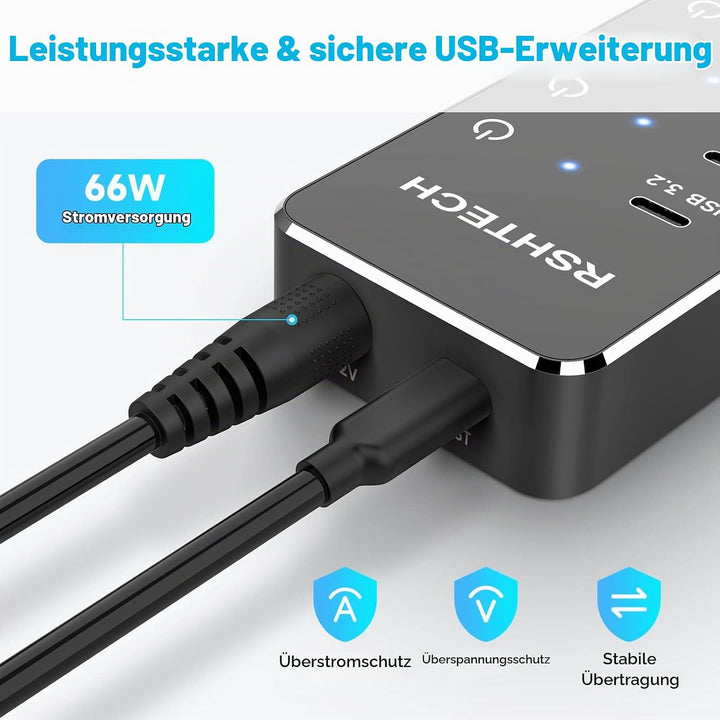 RSHTECH 10 Ports USB C Hub mit Netzteil - 3 USB 3.2 Gen 2 (2 Type C*1 Type A), 4 USB 3.0 (2 Typ C*2