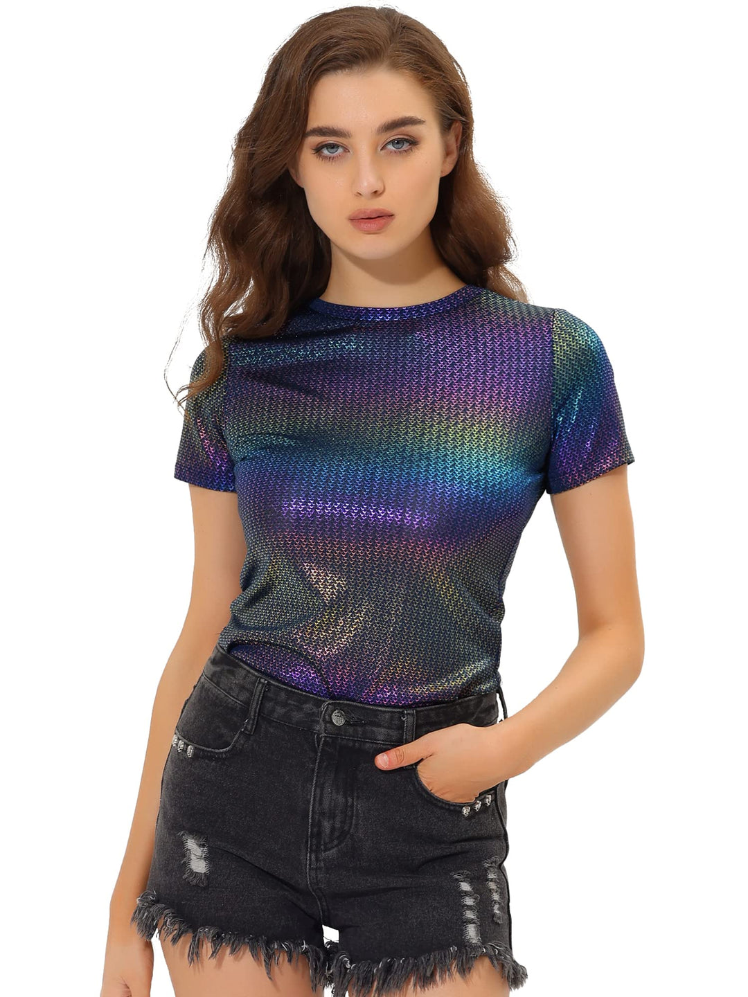 Allegra K Damen Sexy Metallic Party Top Outfit Festival Glitzer Kurzarm Rundhals T-Shirt Oberteil Bl