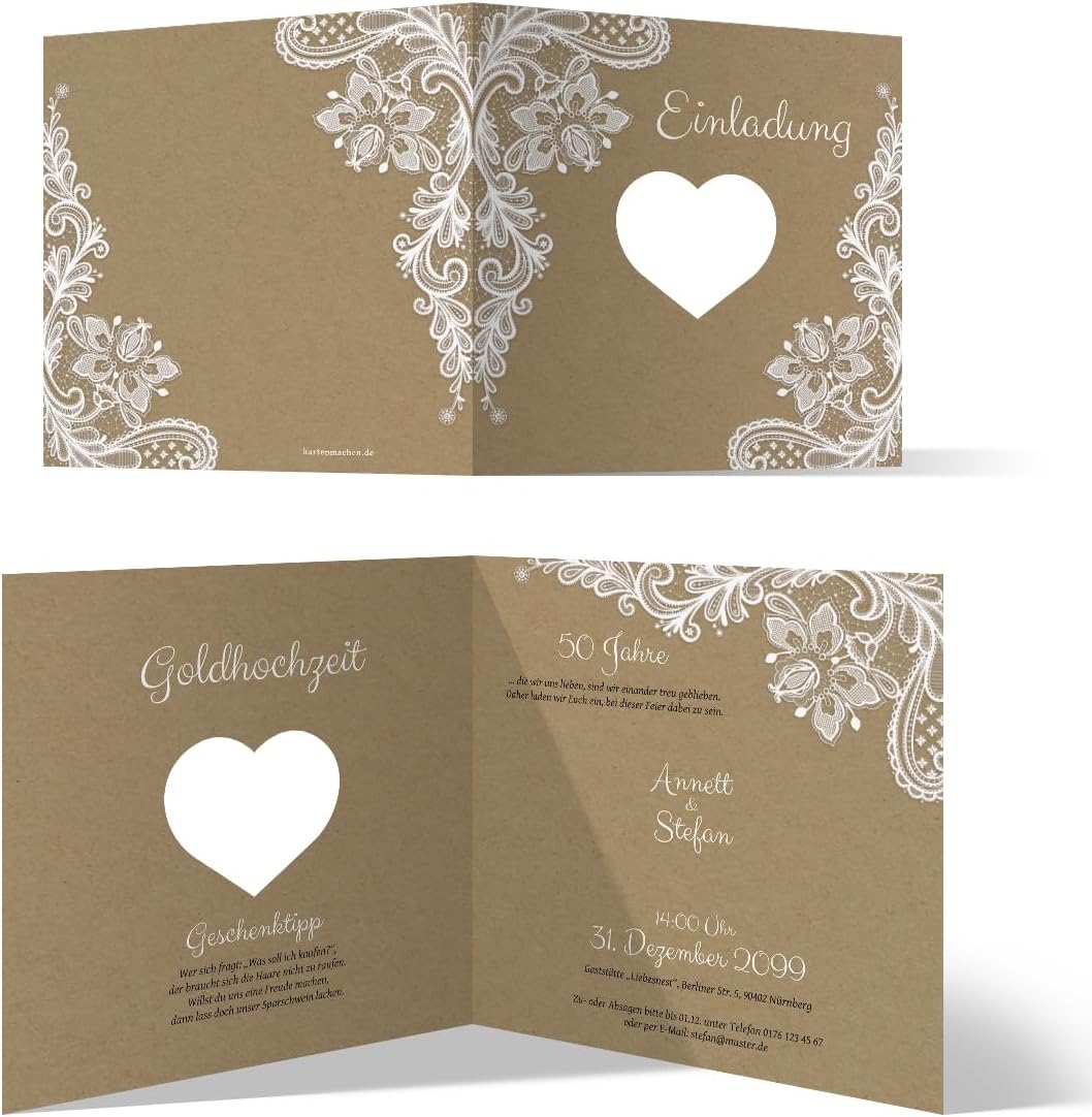 Kartenmachen.de 10 x Lasergeschnittene Hochzeitseinladungen Goldhochzeit goldene Hochzeit Einladung