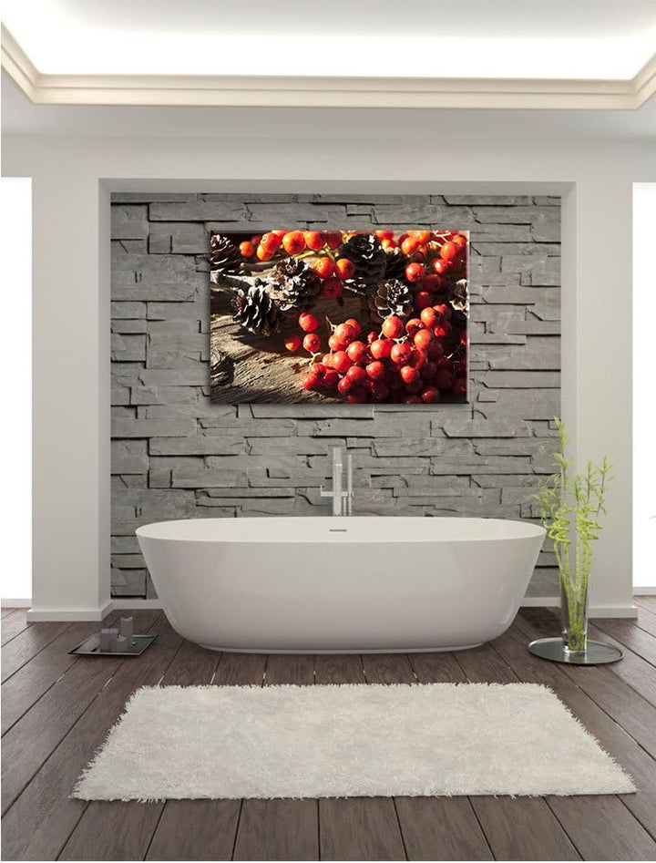 Pixxprint Vogelbeeren und Tannenzapfen als Leinwandbild/Grösse: 100x70 / Wandbild/Kunstdruck/fertig