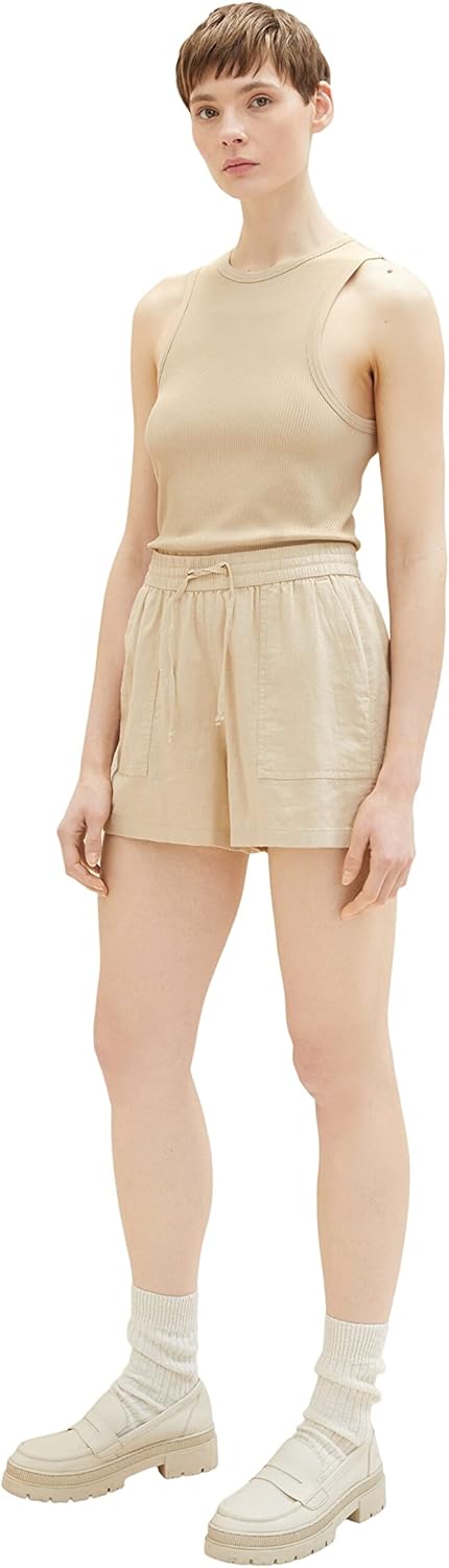 TOM TAILOR Denim Damen Basic Shorts aus Leinen L 31700 - Dusty Sand Beige, L 31700 - Dusty Sand Beig