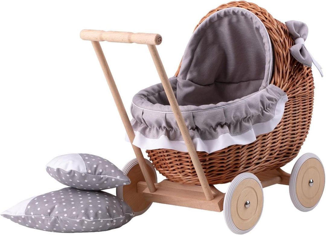 e-wicker24 Alles aus Weide Puppenwagen aus Weide mit Bettwäsche perfekte Geschenkidee Korbpuppenwage