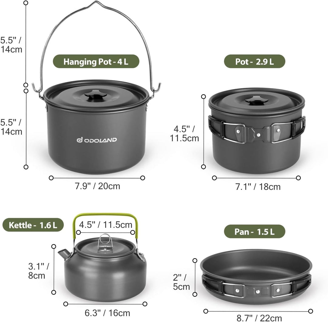 Odoland Camping Geschirr Set, Kochgeschirr für Outdoor Kochen für Camping, Rucksacktourismus, Kochen