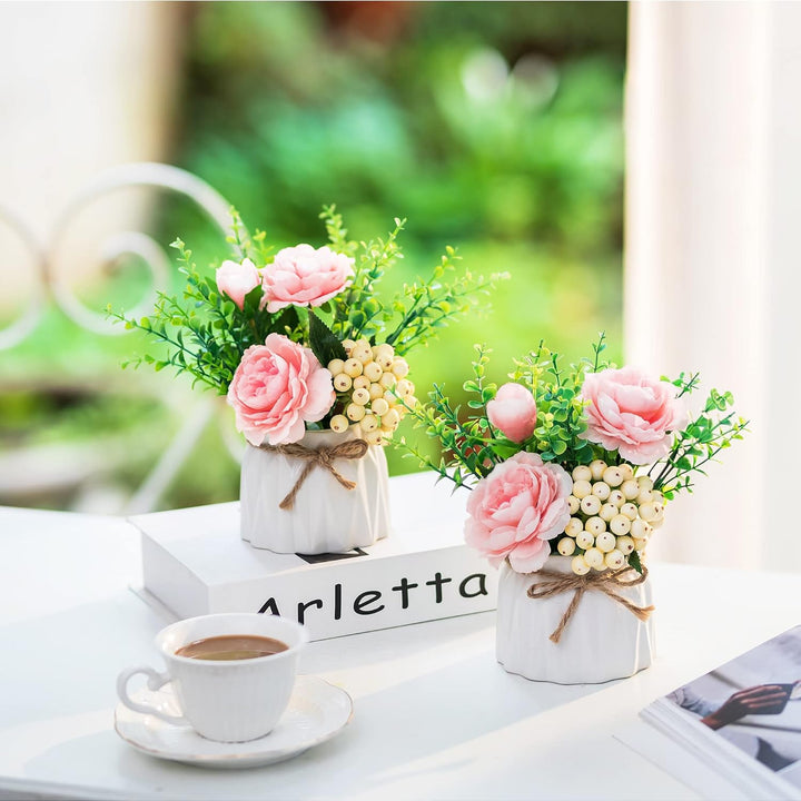 BLOSMON Kunstblumen im Topf Deko: 2 Stück Mini Rosa Künstliche Rosen Künstlich Blumen mit Vase für T